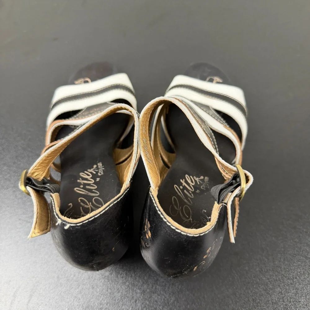 Elite by Corkys Wedge Sandals Women's 10 Black White Tooled Leather Career Dress